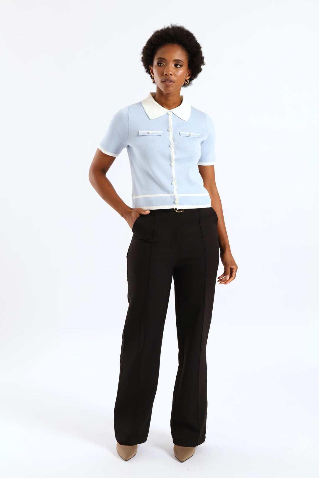 Collared Tipped Cardigan - Light Blue