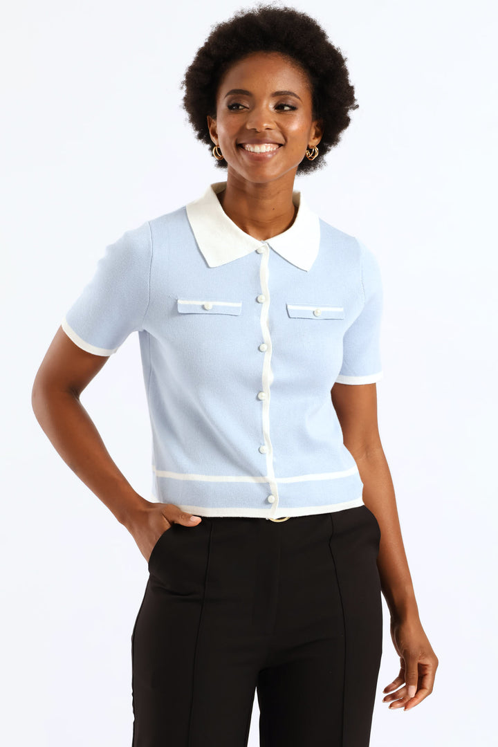 Collared Tipped Cardigan - Light Blue