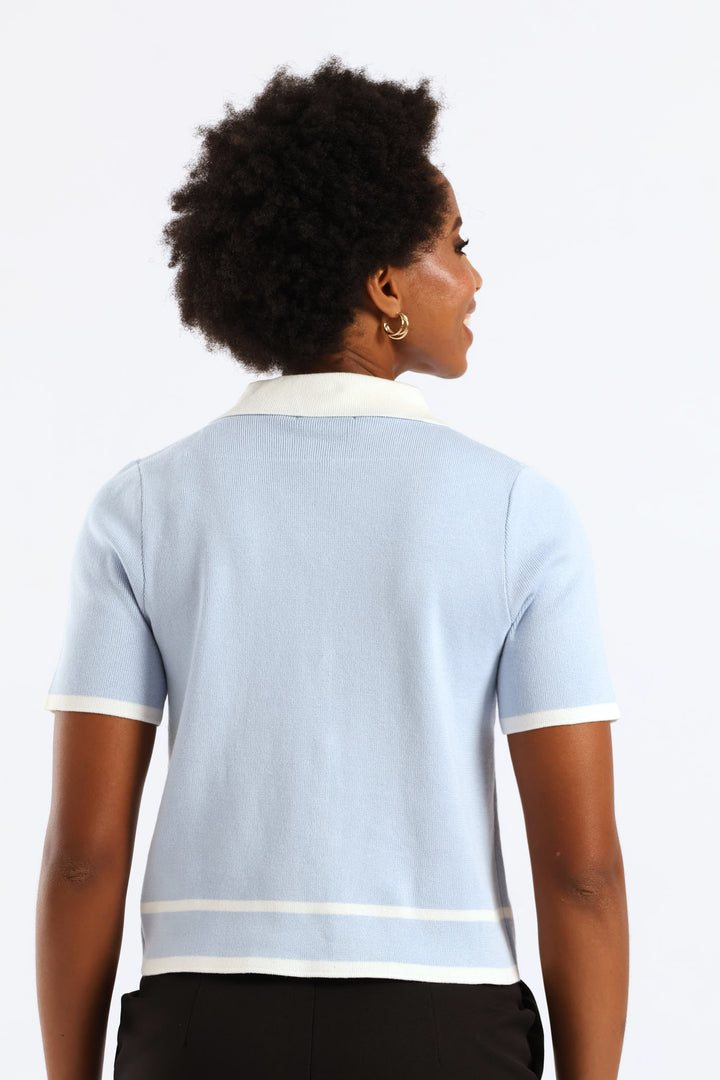 Collared Tipped Cardigan - Light Blue