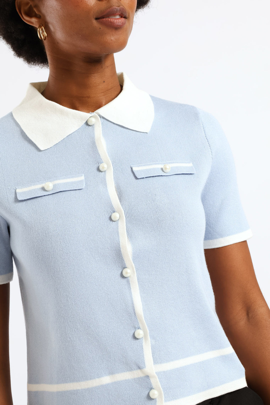 Collared Tipped Cardigan - Light Blue