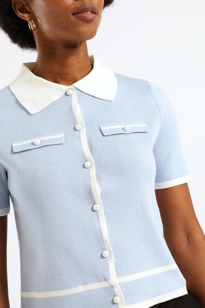 Collared Tipped Cardigan - Light Blue