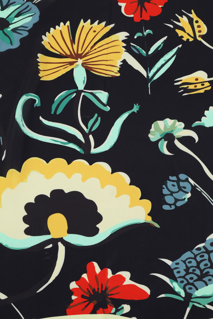 Floral Block Print Silk Touch Scarf 70X70 - Black
