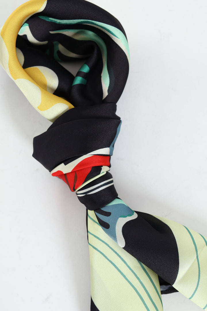 Floral Block Print Silk Touch Scarf 70X70 - Black