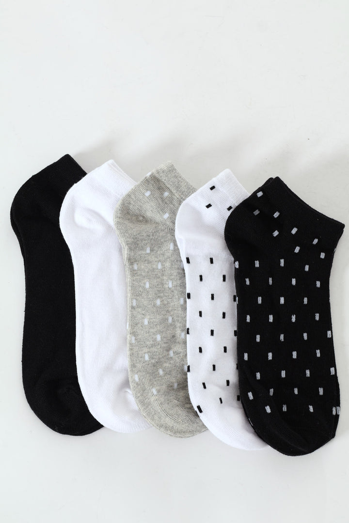 5 Pack Mono Spot Low Cut Fashion Socks - Black/White