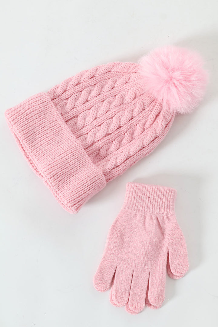 Pre-Girls Pink Cable Knit Beanie With Gloves - Pink