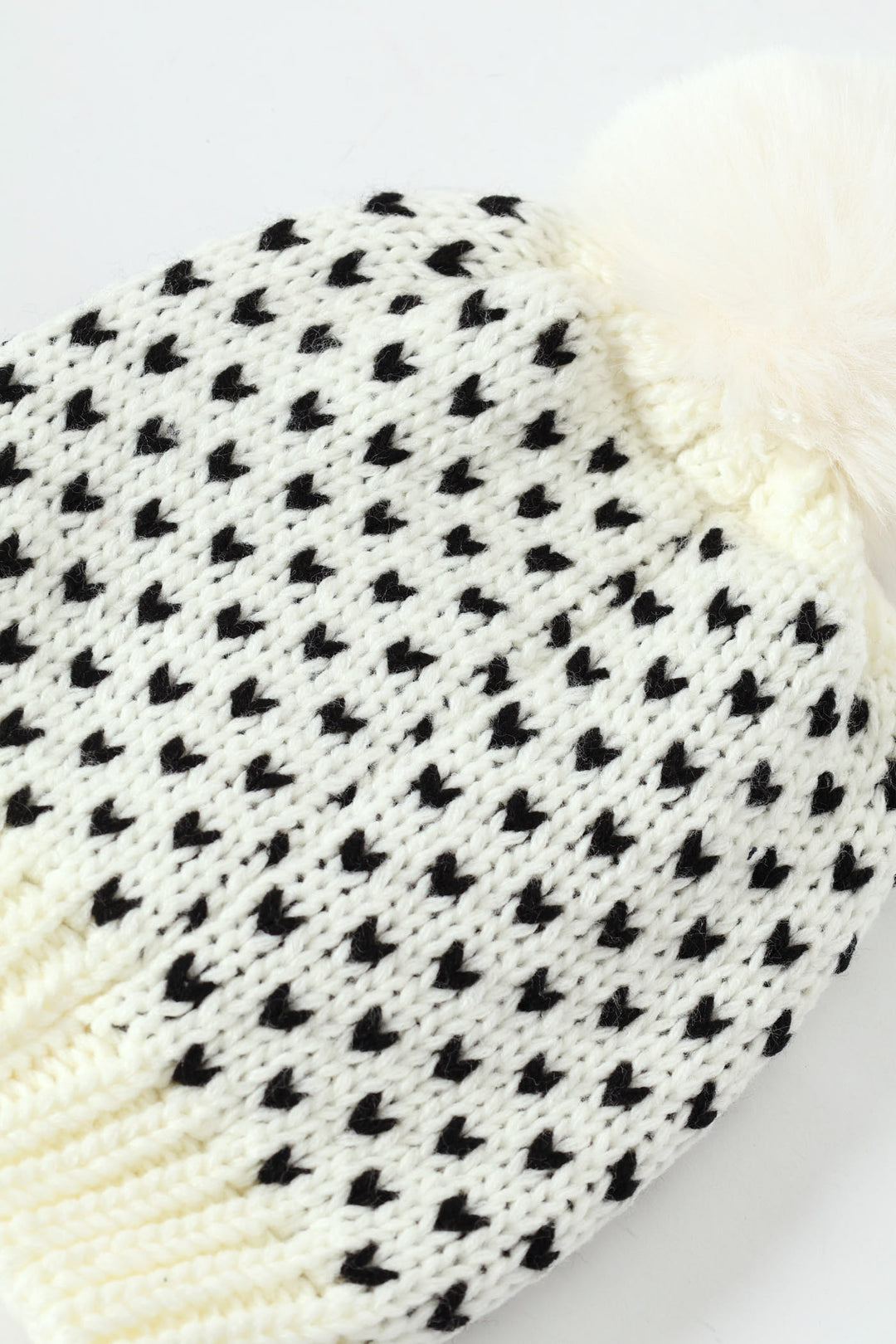 Pre-Girls Heart Print Beanie With Fur Pom Pom - Cream