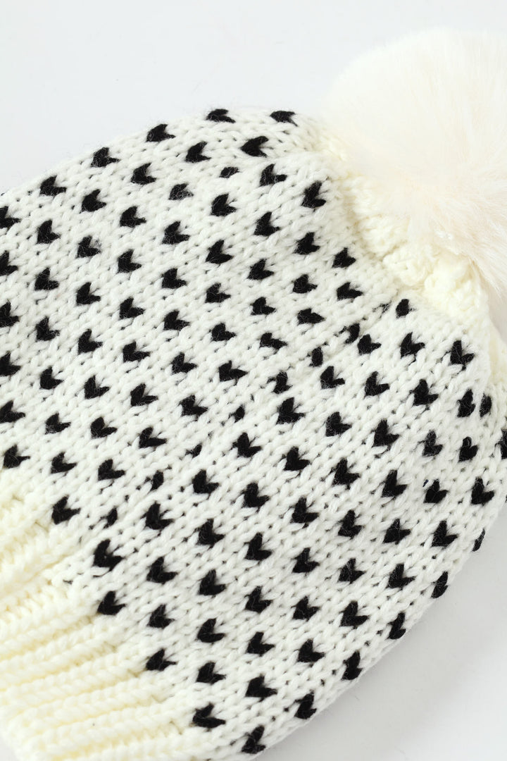Pre-Girls Heart Print Beanie With Fur Pom Pom - Cream