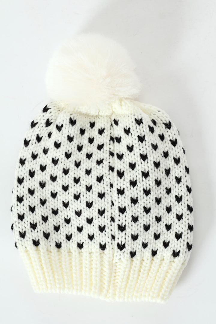 Pre-Girls Heart Print Beanie With Fur Pom Pom - Cream