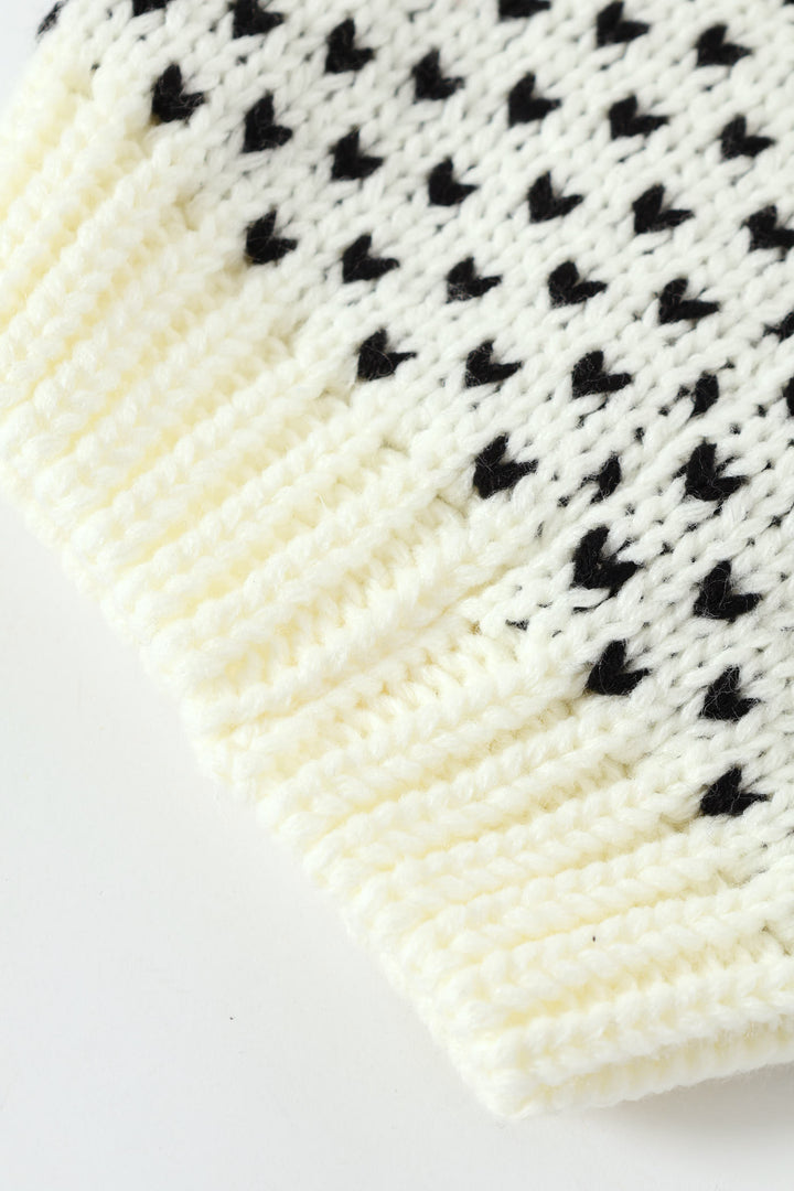 Pre-Girls Heart Print Beanie With Fur Pom Pom - Cream