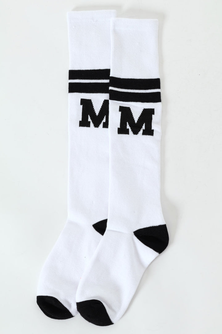 Girls Striped Alphabet Kneehigh Socks - White