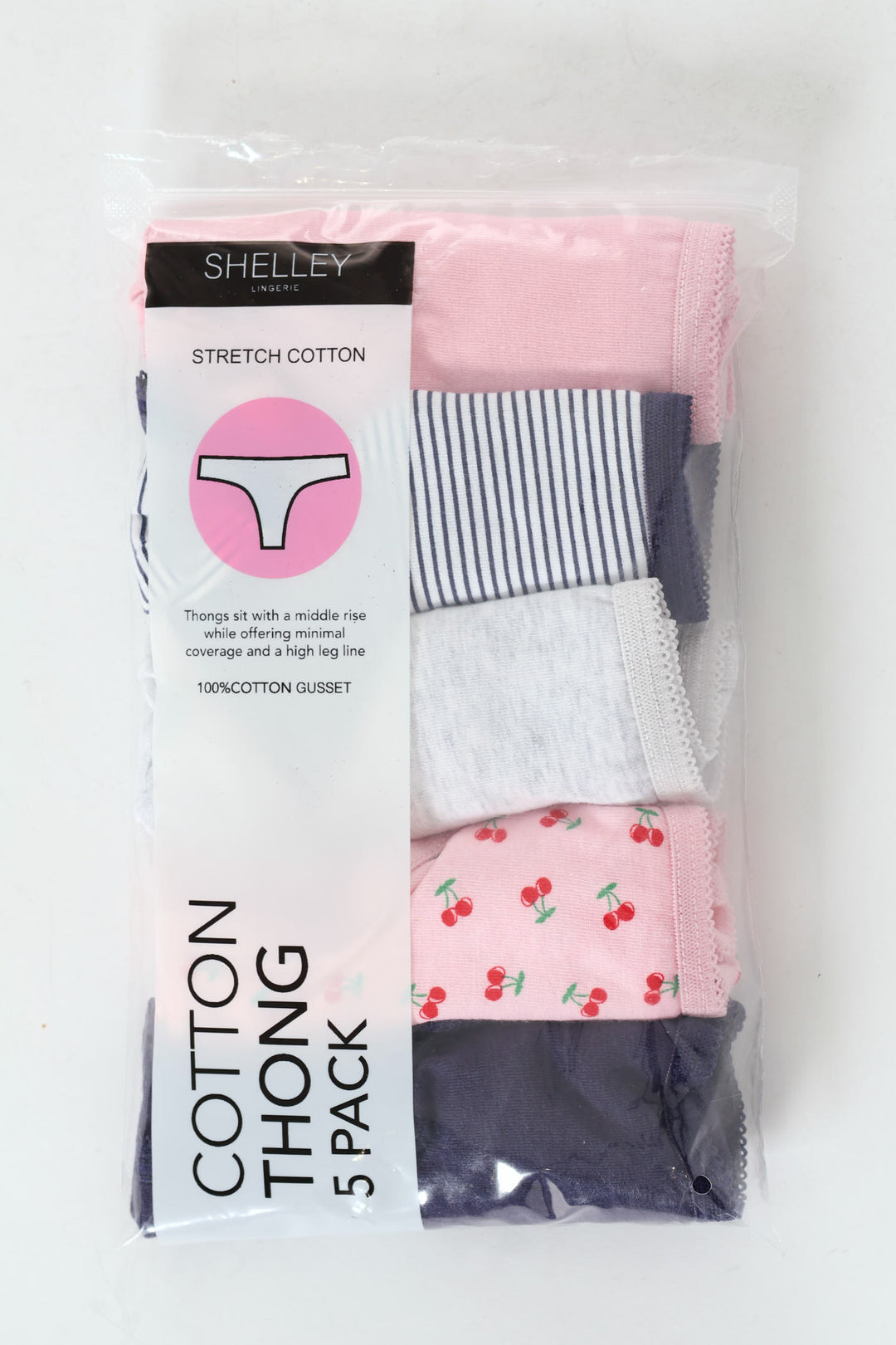 5 Pack Cotton Stretch Thong Panties - Slate/Stripe/Grey/Cherry/Black