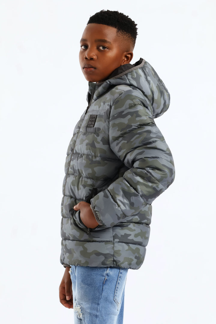 Boys Camo Print Puffer Jacket - Green
