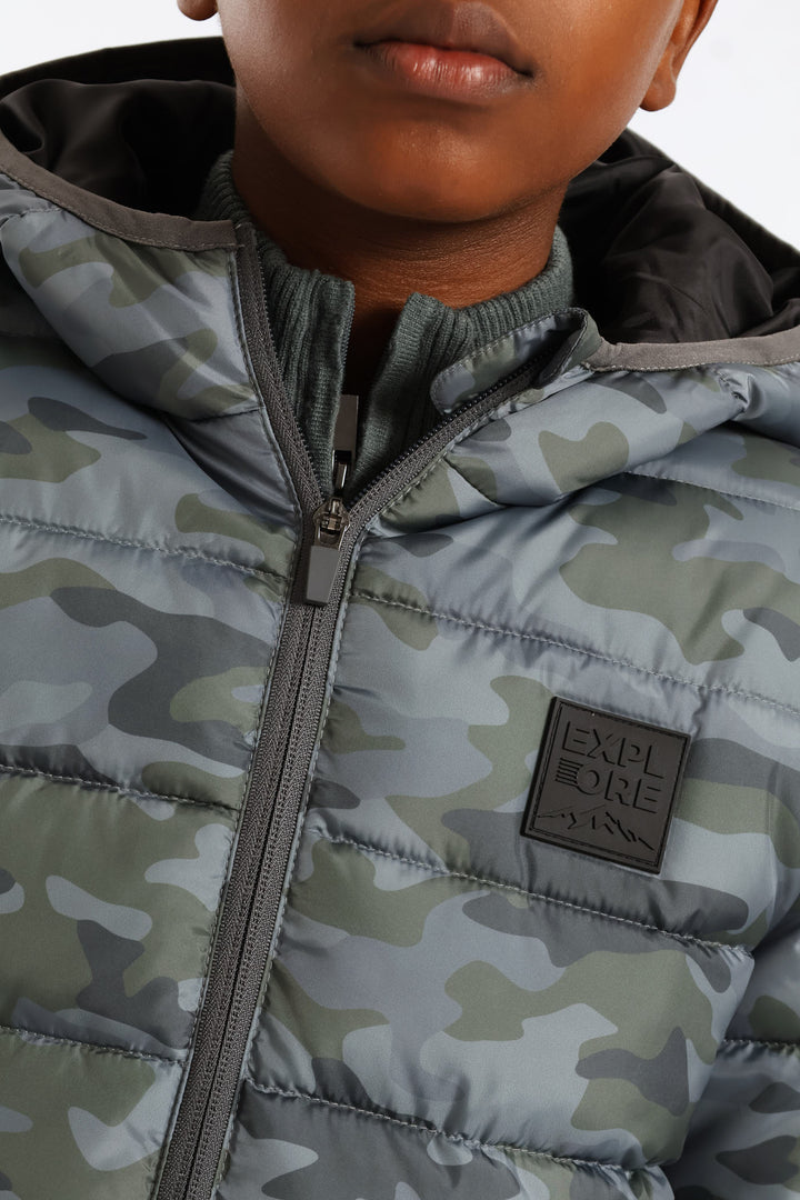 Boys Camo Print Puffer Jacket - Green