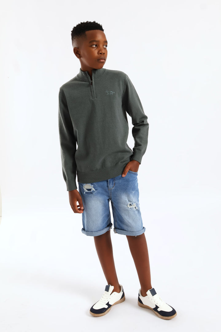Boys Quarter Zip Knit Pullover - Green