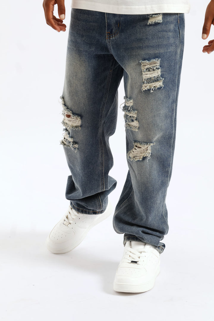 Boys Destressed Ripped Baggy Jean - Blue