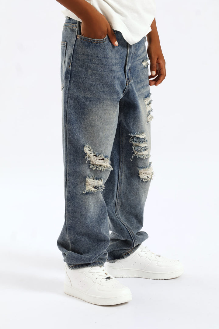 Boys Destressed Ripped Baggy Jean - Blue