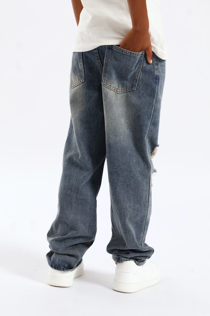 Boys Destressed Ripped Baggy Jean - Blue