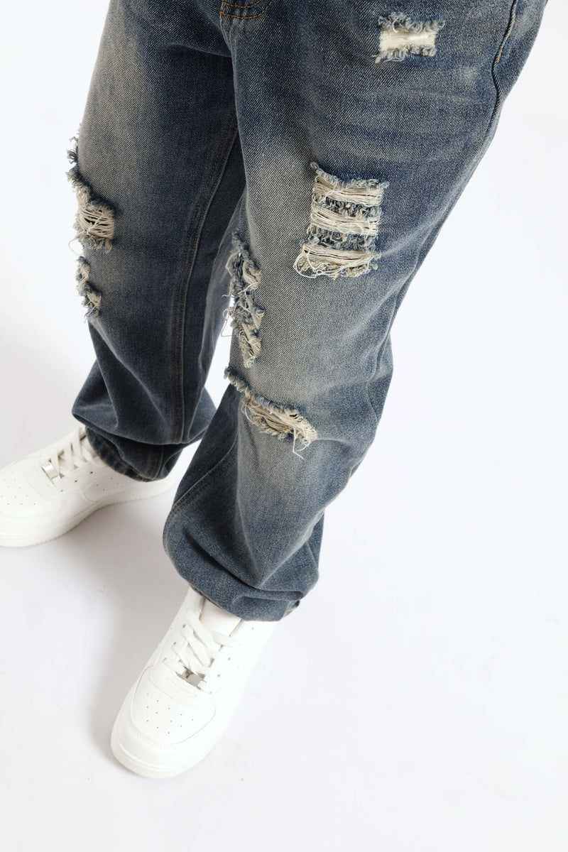Boys Destressed Ripped Baggy Jean - Blue