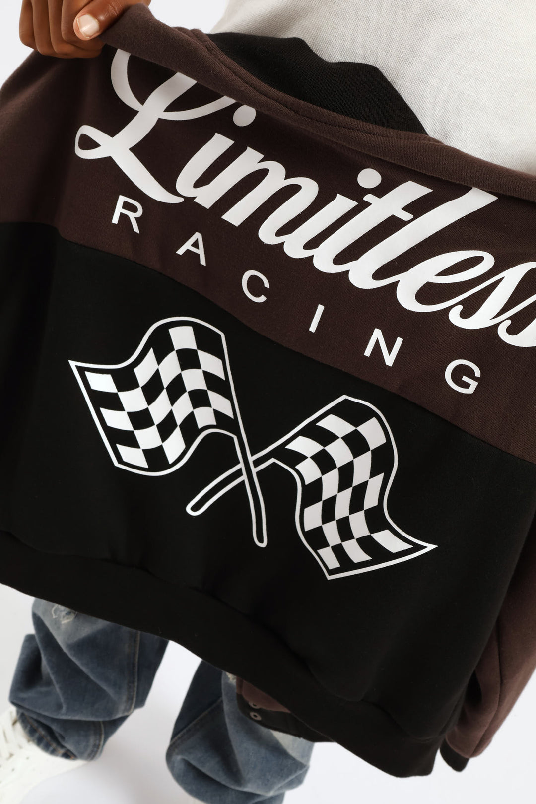 Girls Racing Print Oversized Baseball Jacket - Black/Brown