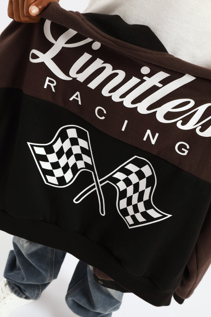 Girls Racing Print Oversized Baseball Jacket - Black/Brown