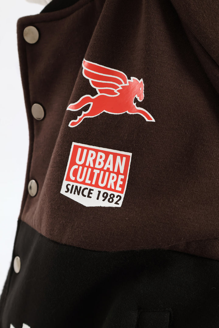 Girls Racing Print Oversized Baseball Jacket - Black/Brown