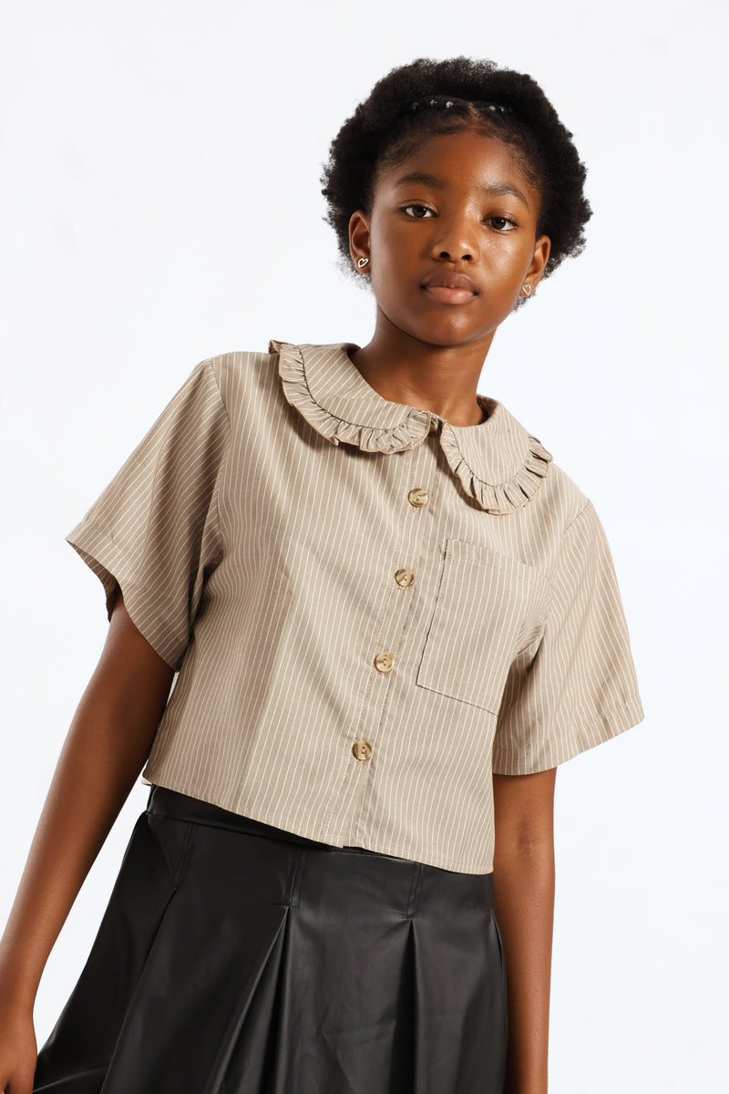 Girls Stripe Dropped Shoulder Boxy Shirt - Stone/White