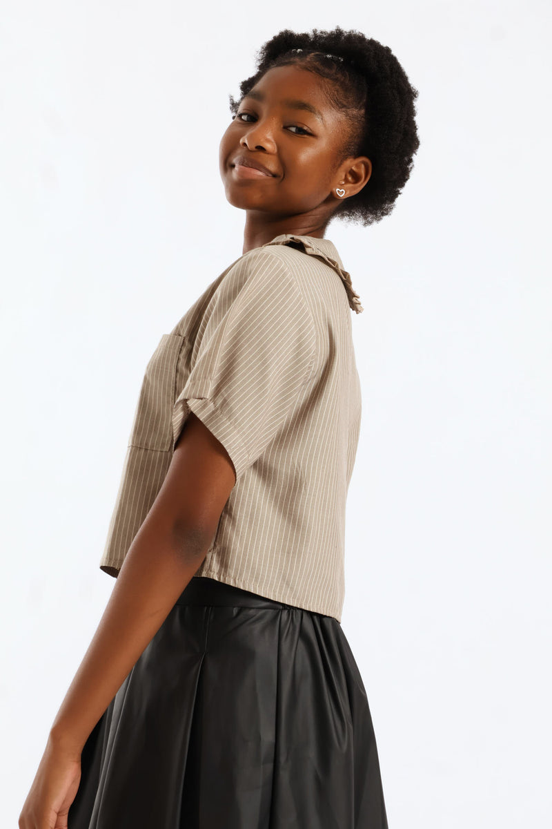 Girls Stripe Dropped Shoulder Boxy Shirt - Stone/White