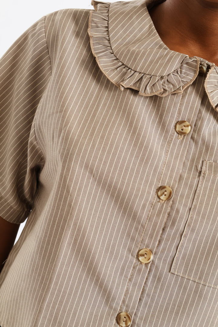 Girls Stripe Dropped Shoulder Boxy Shirt - Stone/White