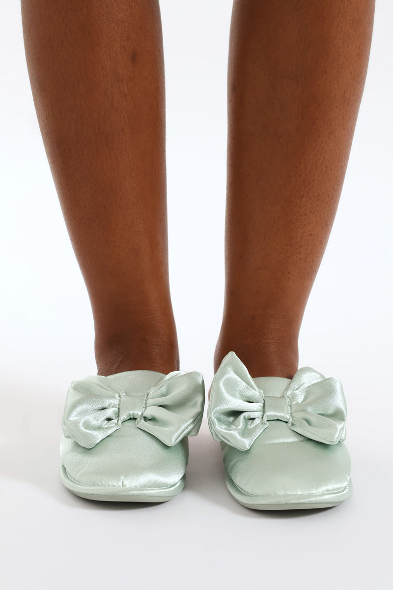 Bow Detail Satin Slipper - Sage