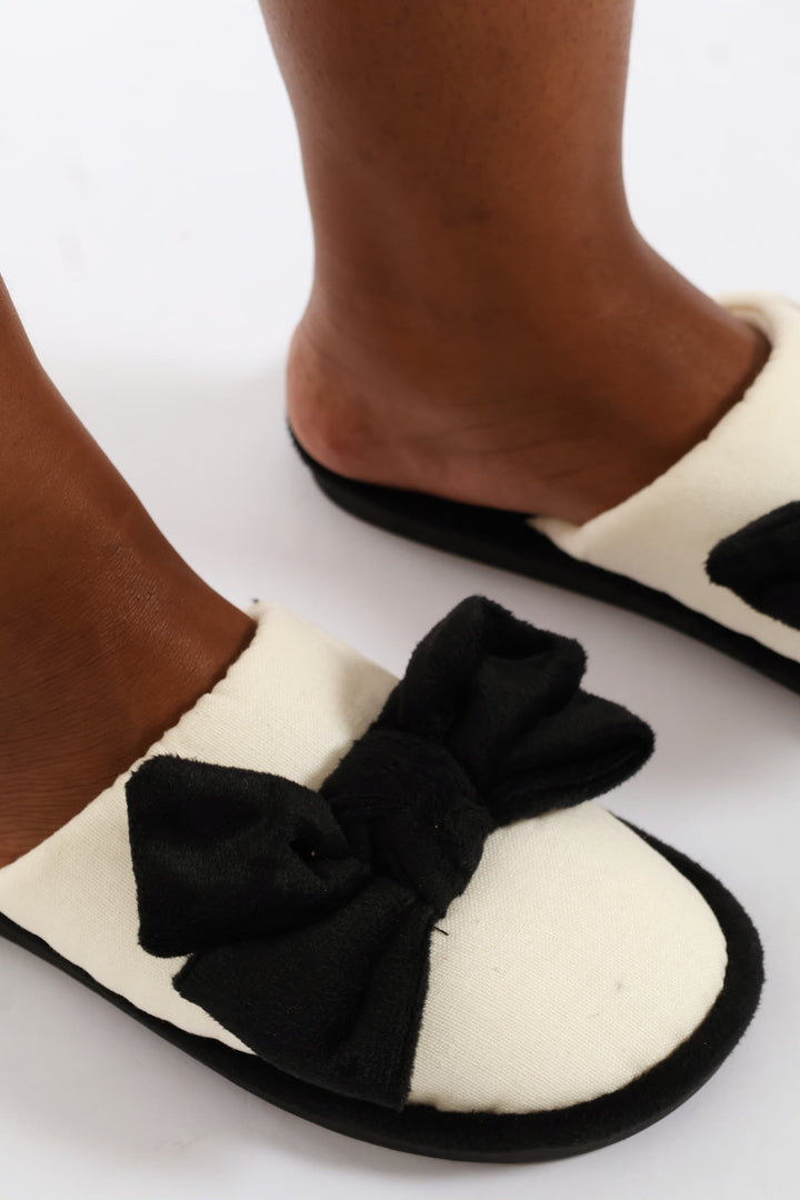 Closed Toe Bow Detail Slipper - Black/Cream