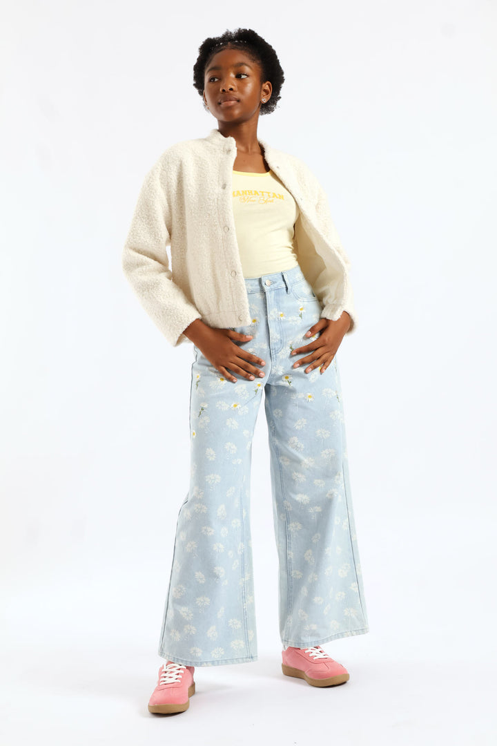 Girls Acid Wash & Embroidered Detail Daisy Wideleg Denim - Light Blue