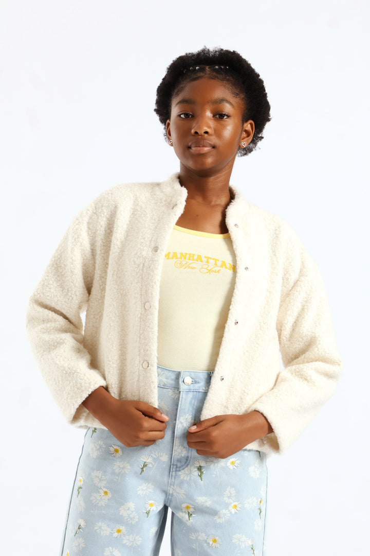 Girls Curly Melton Bomber Jacket - Cream