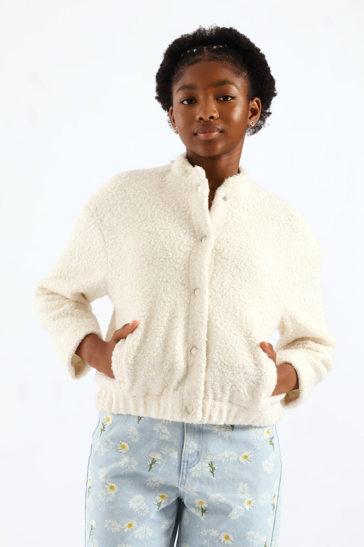 Girls Curly Melton Bomber Jacket - Cream