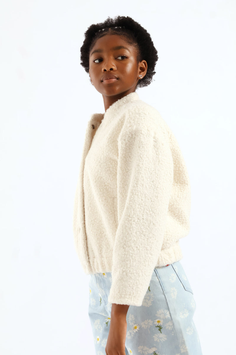 Girls Curly Melton Bomber Jacket - Cream