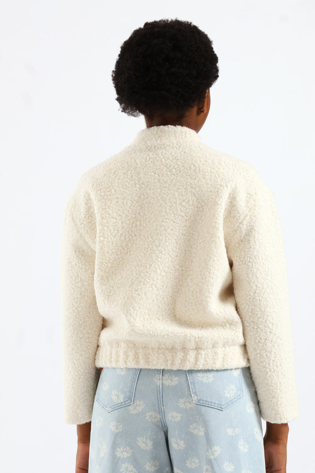 Girls Curly Melton Bomber Jacket - Cream