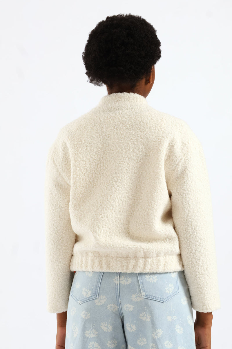 Girls Curly Melton Bomber Jacket - Cream