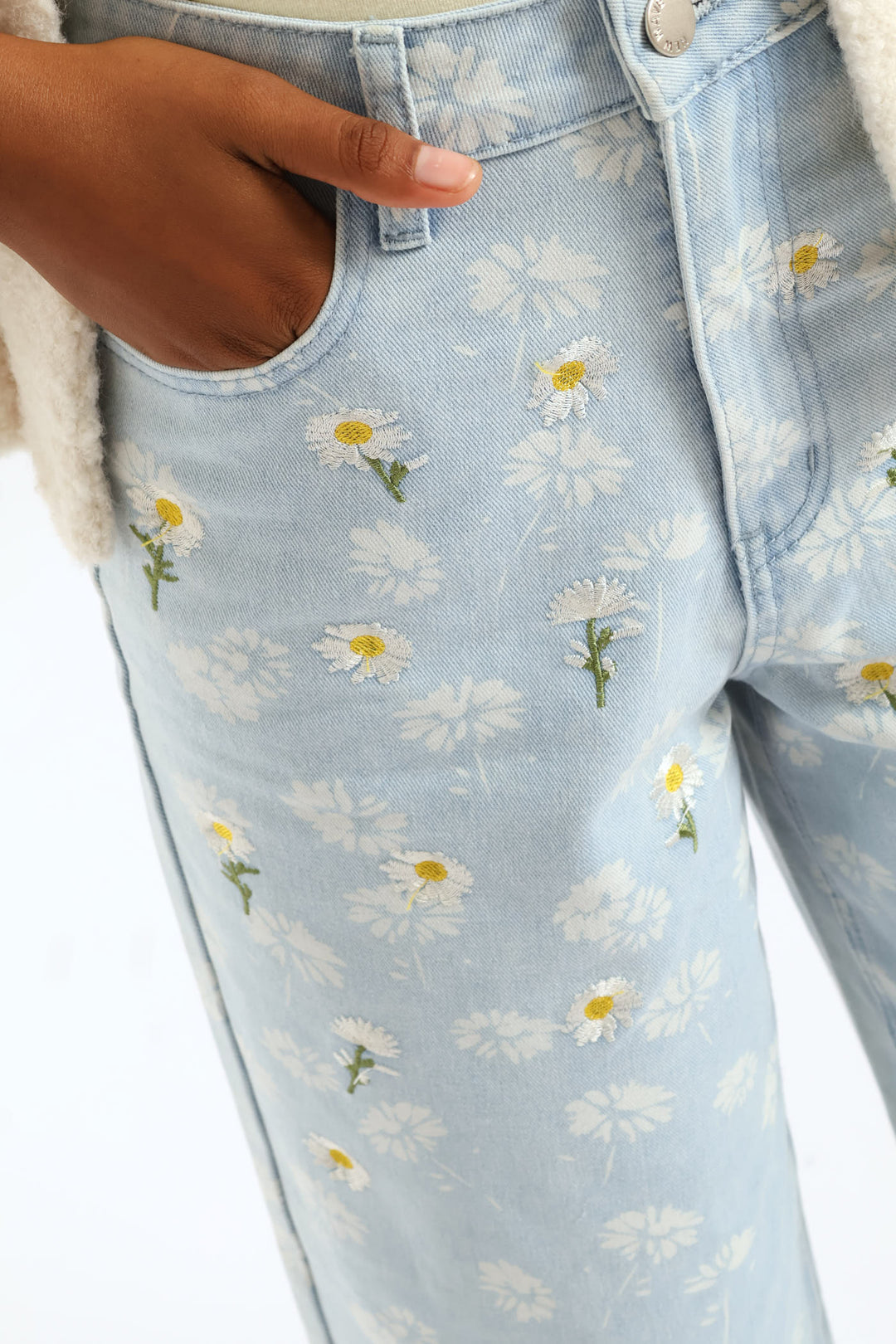 Girls Acid Wash & Embroidered Detail Daisy Wideleg Denim - Light Blue