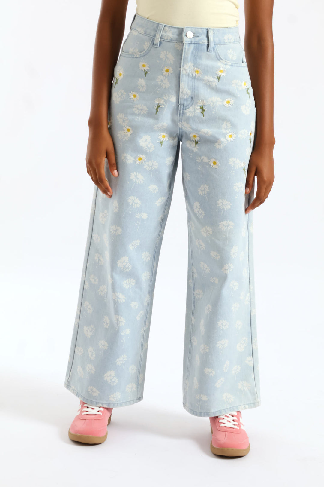 Girls Acid Wash & Embroidered Detail Daisy Wideleg Denim - Light Blue