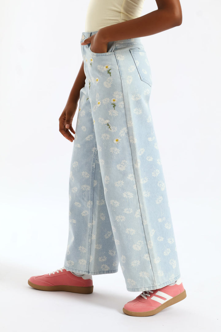 Girls Acid Wash & Embroidered Detail Daisy Wideleg Denim - Light Blue