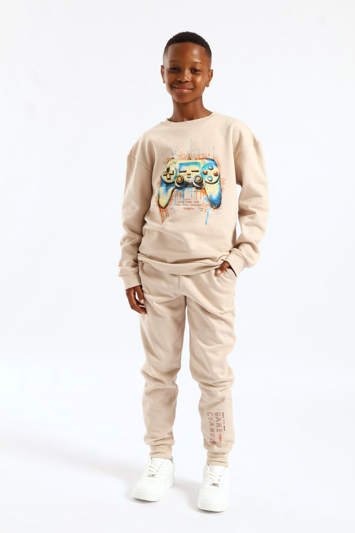 Boys Gamer Print Fleece Crew Top - Stone