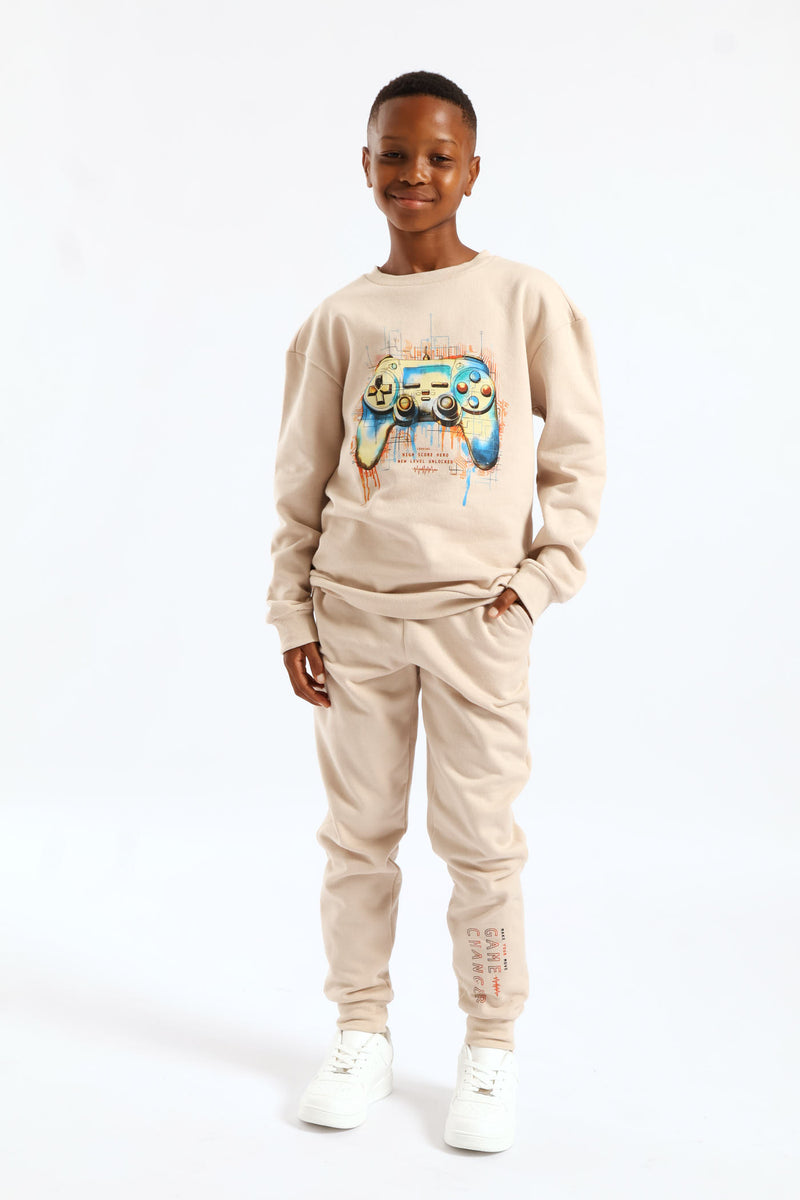 Boys Gamer Print Fleece Crew Top - Stone
