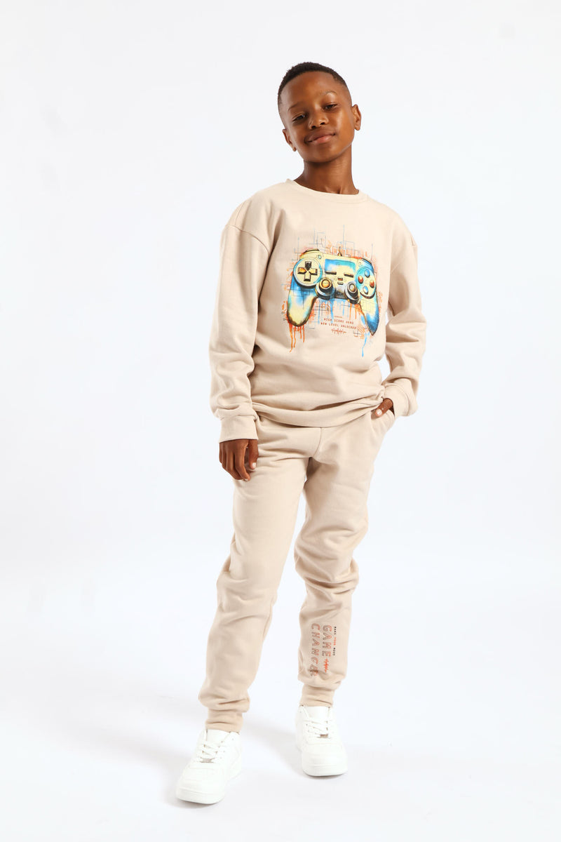 Boys Gamer Print Fleece Jogger - Stone