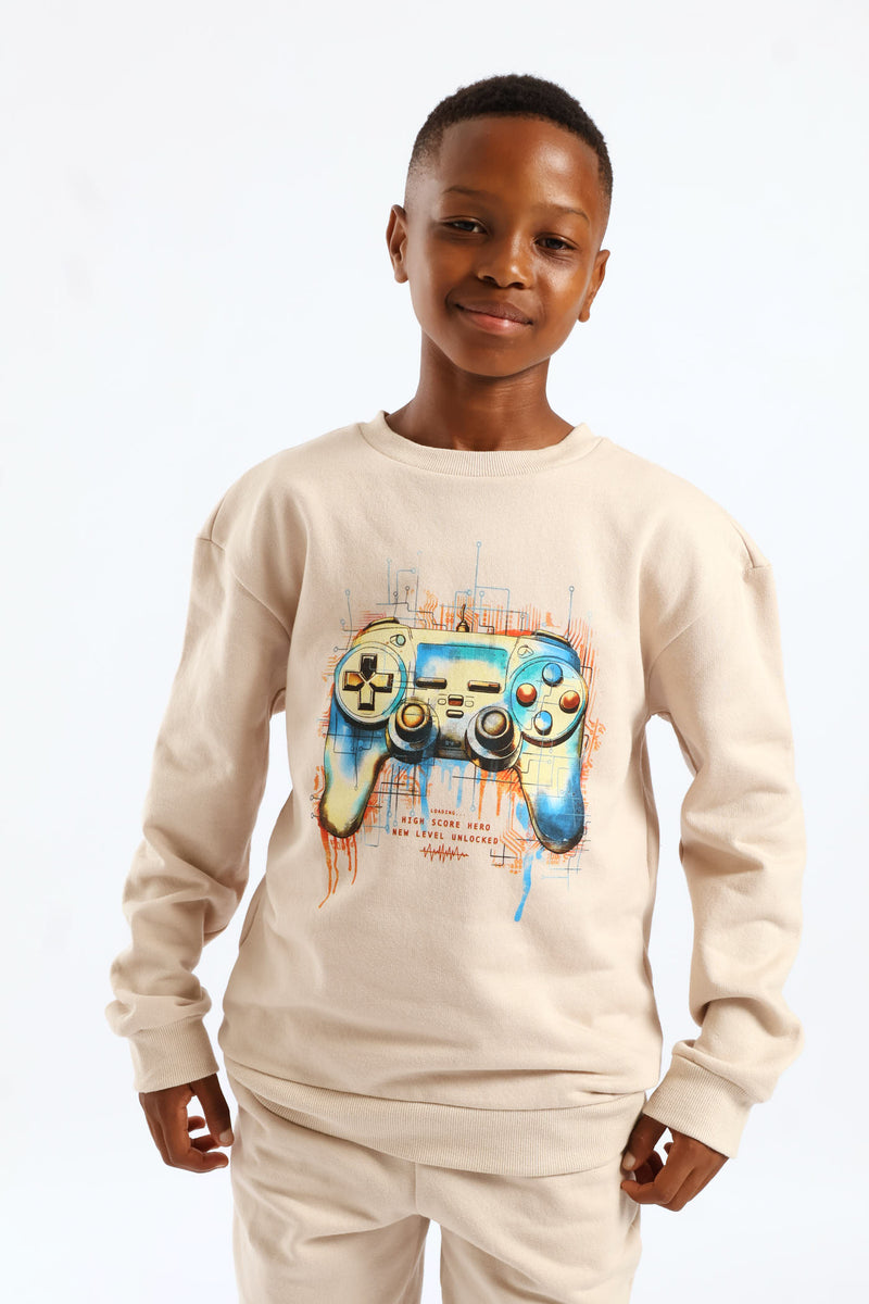 Boys Gamer Print Fleece Crew Top - Stone
