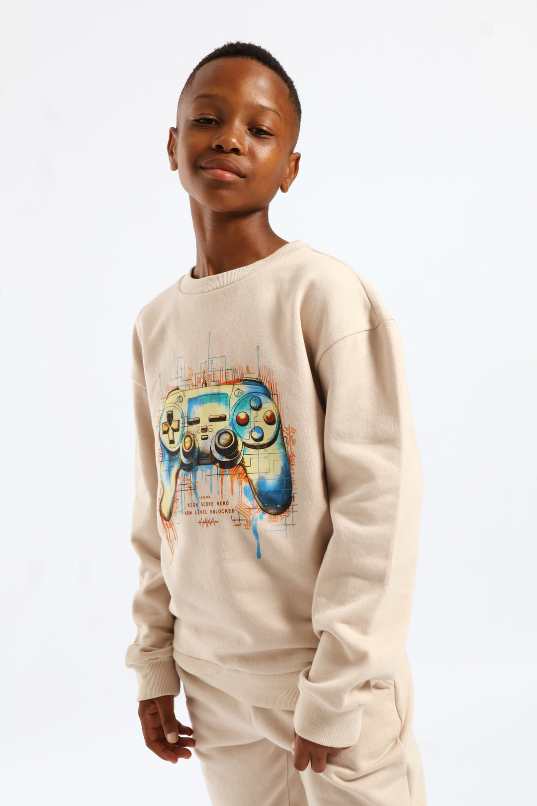 Boys Gamer Print Fleece Crew Top - Stone