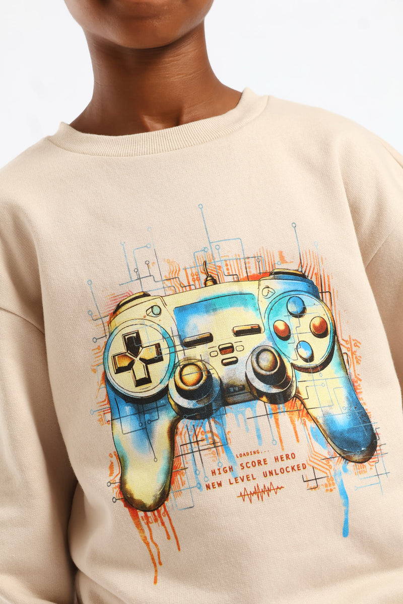 Boys Gamer Print Fleece Crew Top - Stone