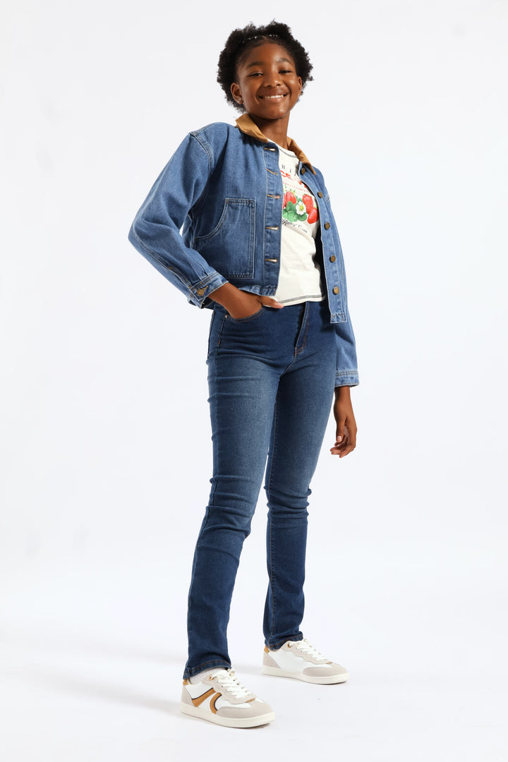 Girls Twill Contrast Collar Denim Jacket - Mid Blue