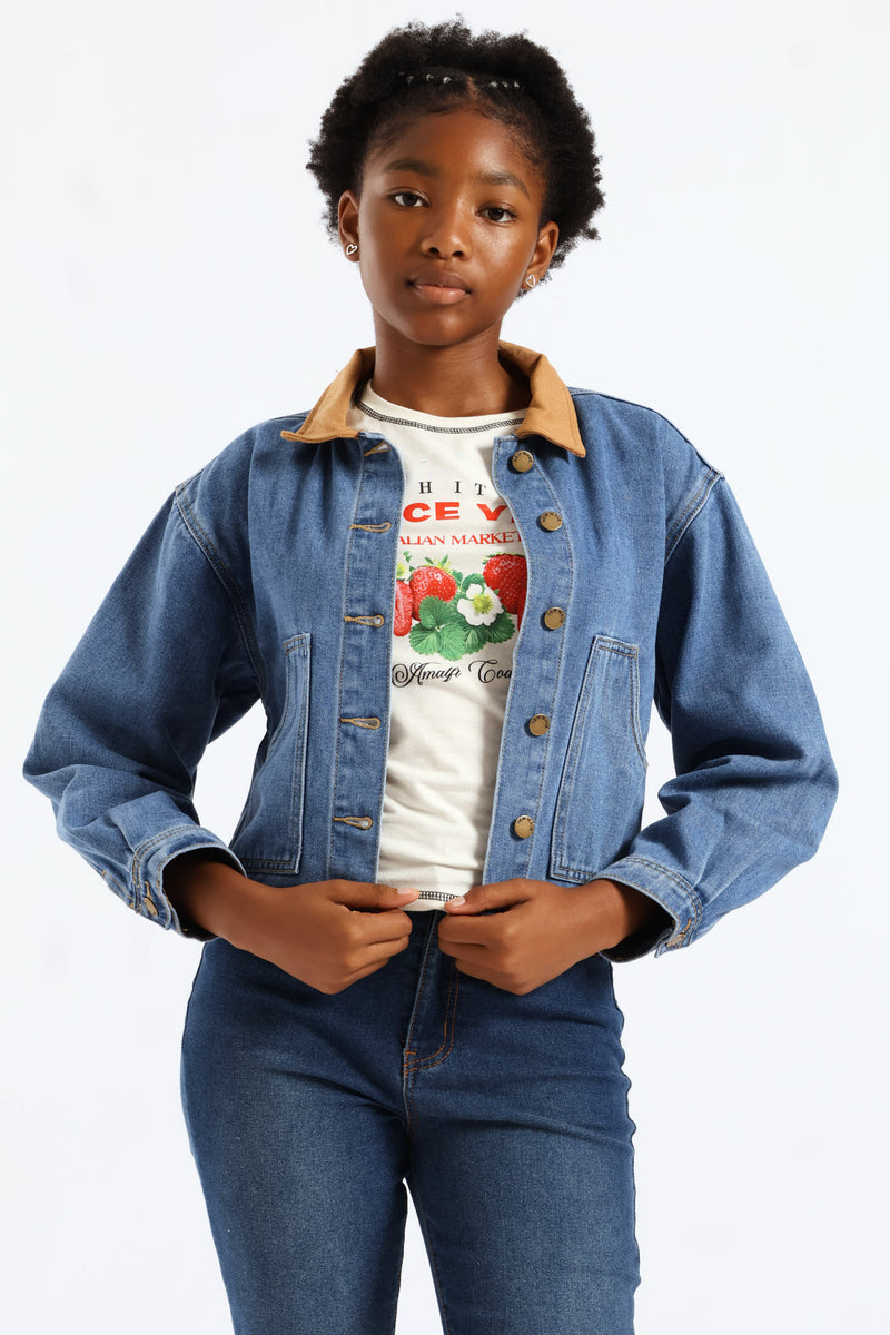 Girls Twill Contrast Collar Denim Jacket - Mid Blue