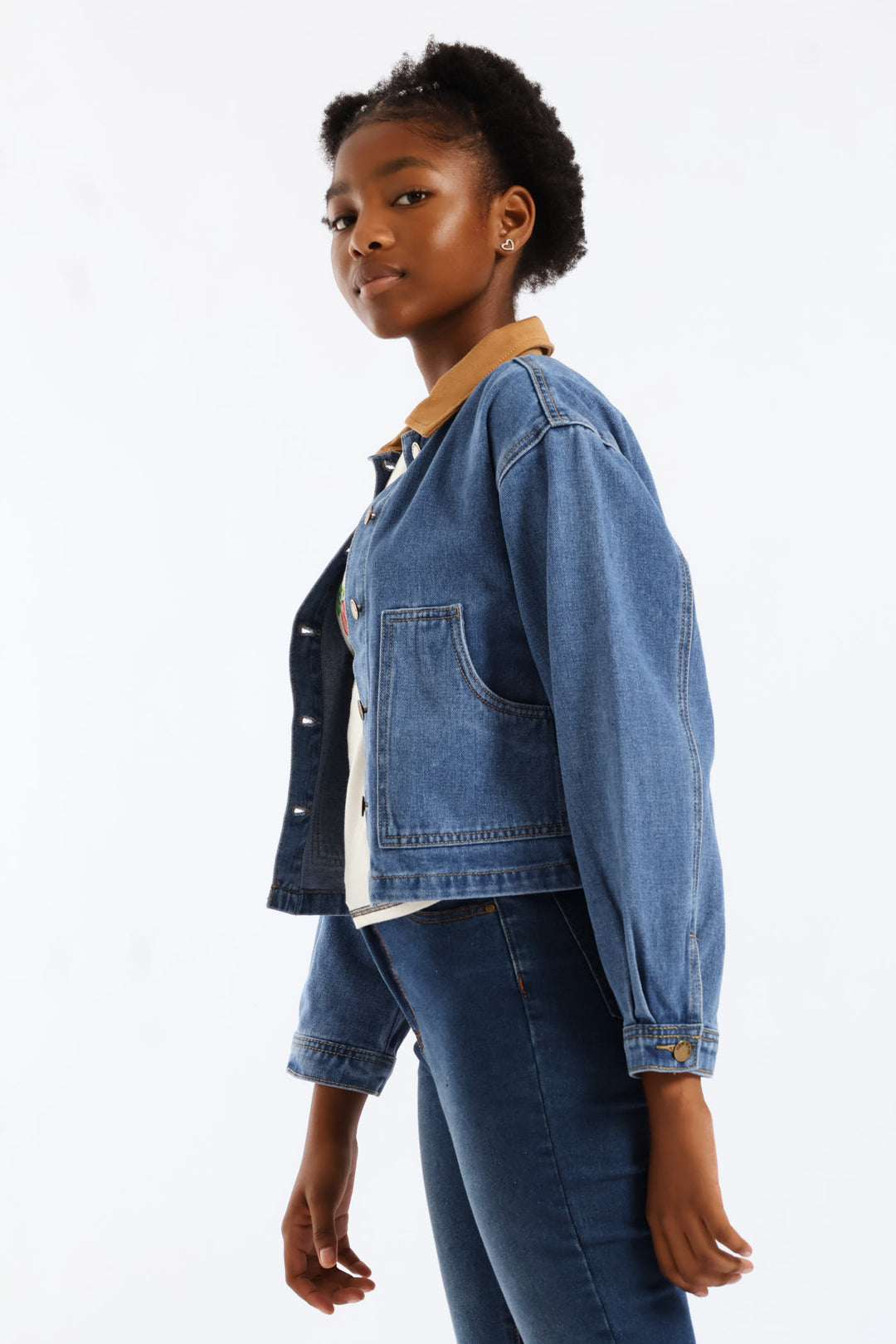 Girls Twill Contrast Collar Denim Jacket - Mid Blue