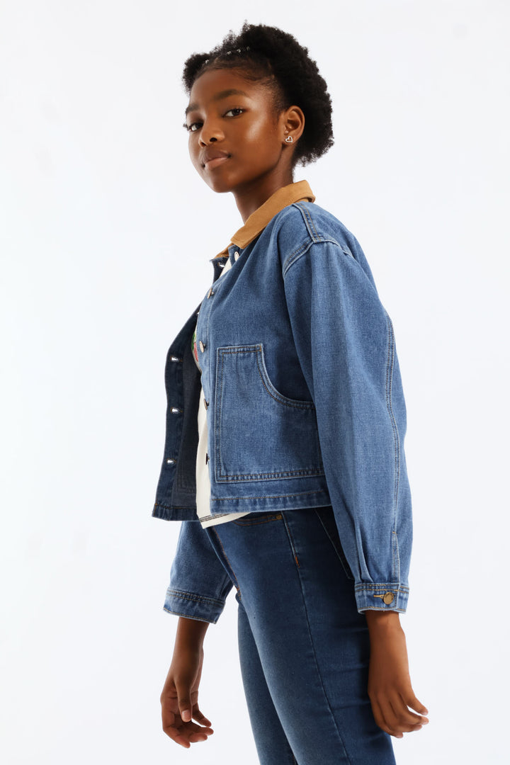 Girls Twill Contrast Collar Denim Jacket - Mid Blue