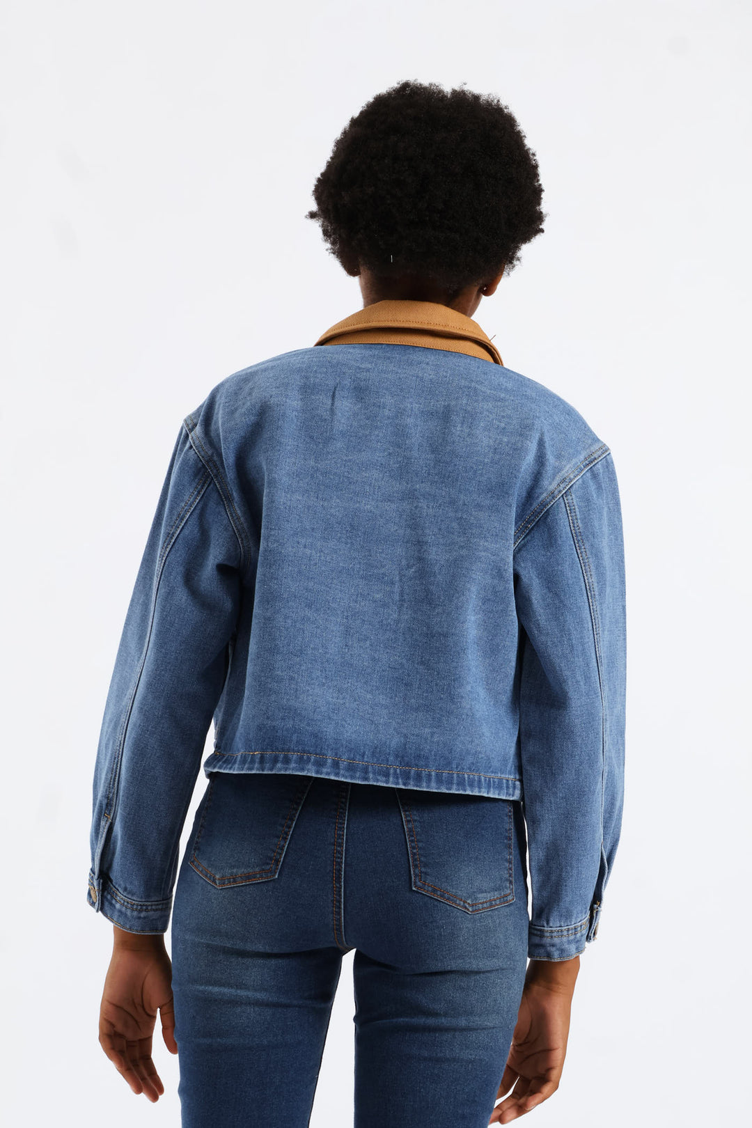 Girls Twill Contrast Collar Denim Jacket - Mid Blue